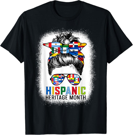 Hispanic Heritage Month Flags - Messy Bun Hispanic Women T-Shirt - T-Shirt | Black