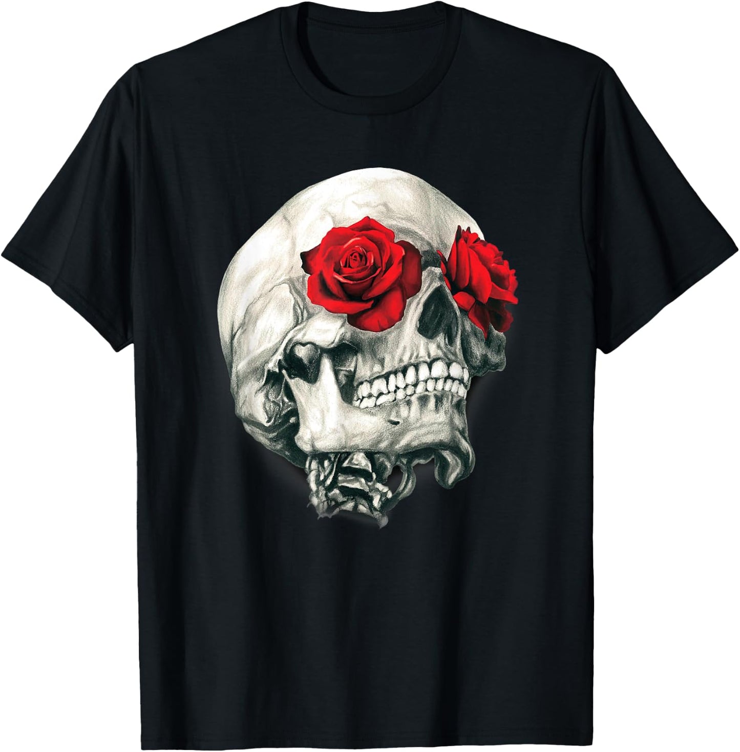 Skull Roses Shirt Cool Skulls Flowers Rockers Gift T-Shirt - T-Shirt | Black