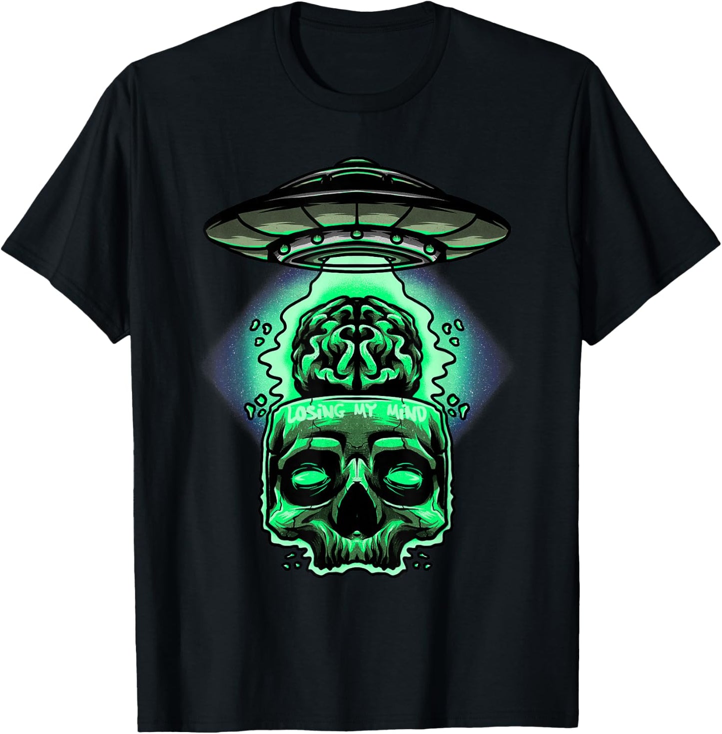 Losing My Mind Brain Skull UFO Alien Space Craft Abduction T-Shirt - T-Shirt | Black