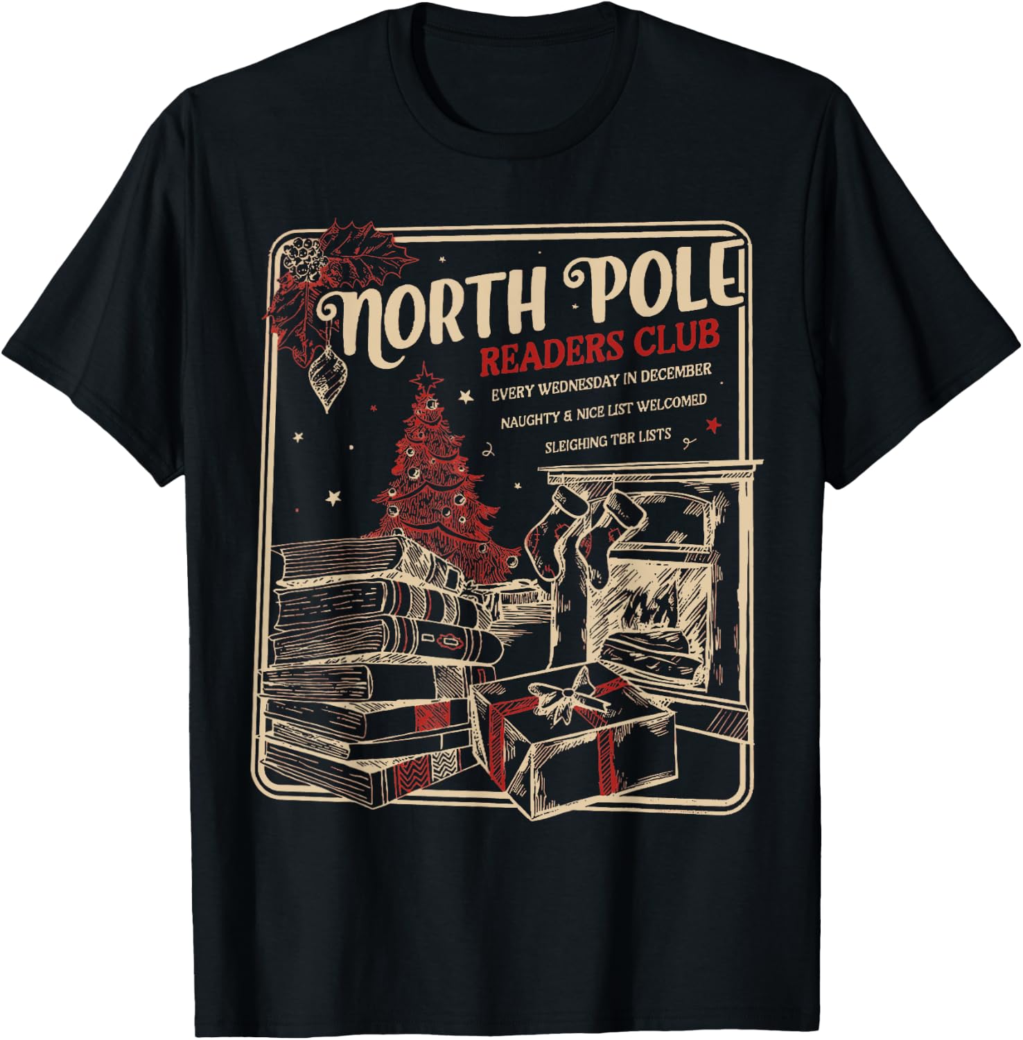 North Pole Readers Club, Bookish Xmas, Santa Book Reading T-Shirt - T-Shirt | Black