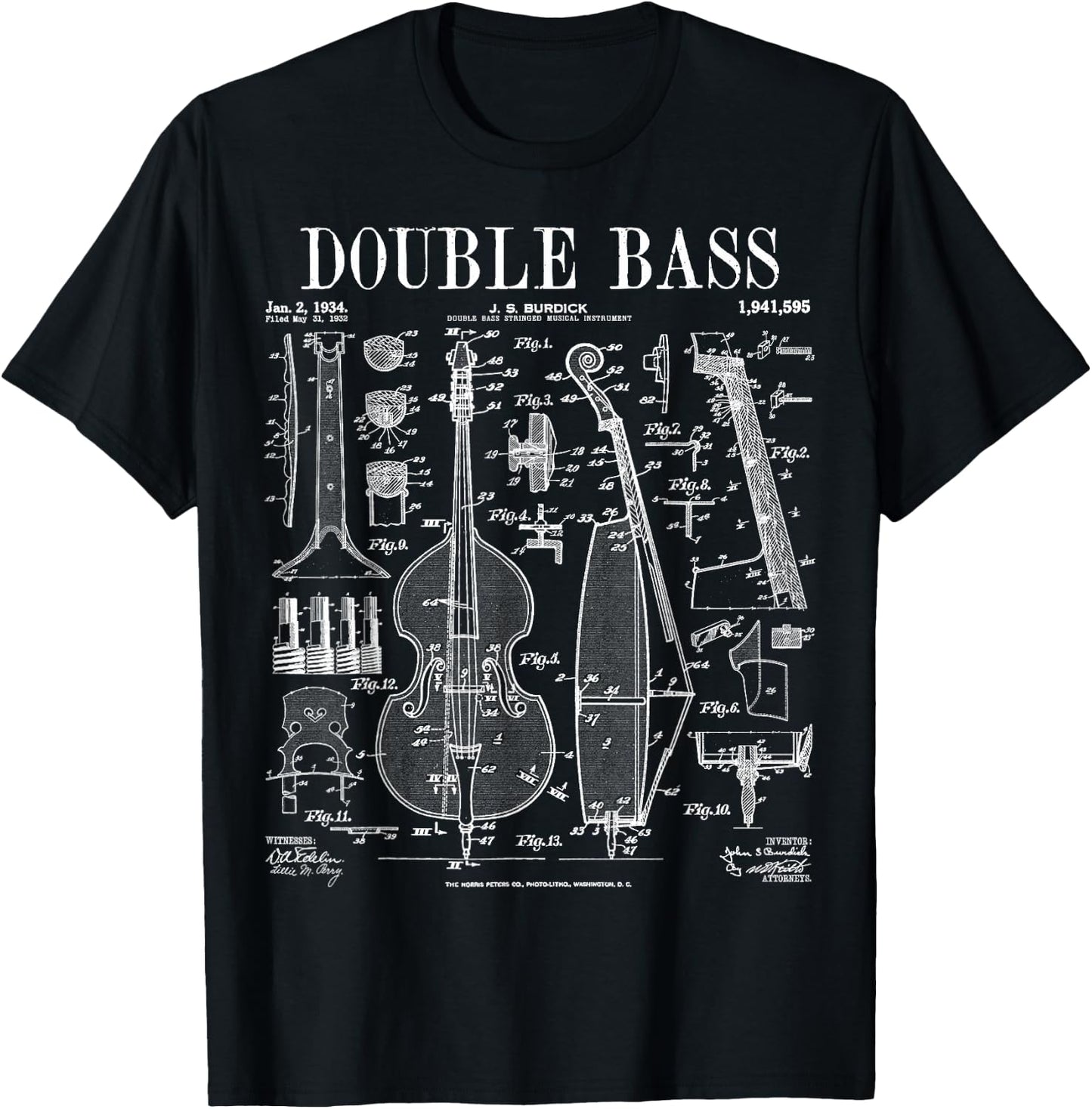Double Bass Player Bassist Musical Instrument Vintage Patent T-Shirt - T-Shirt | Black