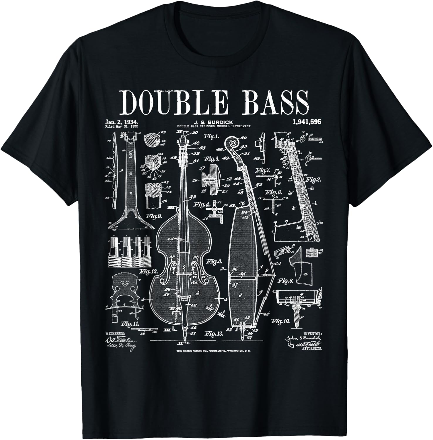 Double Bass Player Bassist Musical Instrument Vintage Patent T-Shirt - T-Shirt | Black