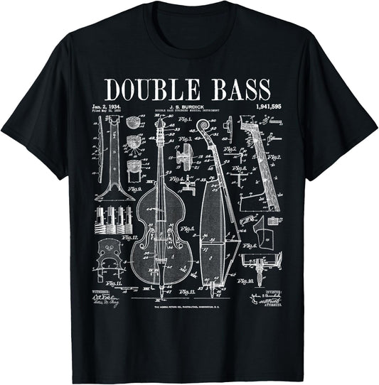 Double Bass Player Bassist Musical Instrument Vintage Patent T-Shirt - T-Shirt | Black