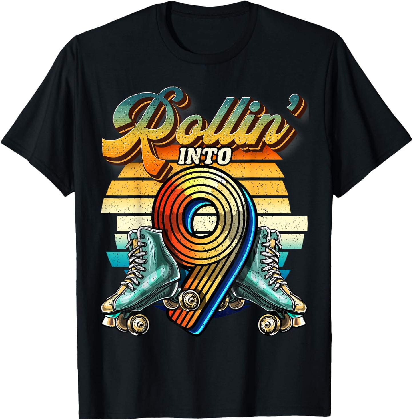 Rollin' into 9 Roller Skating Rink 9th Birthday Party Girls T-Shirt - T-Shirt | Black