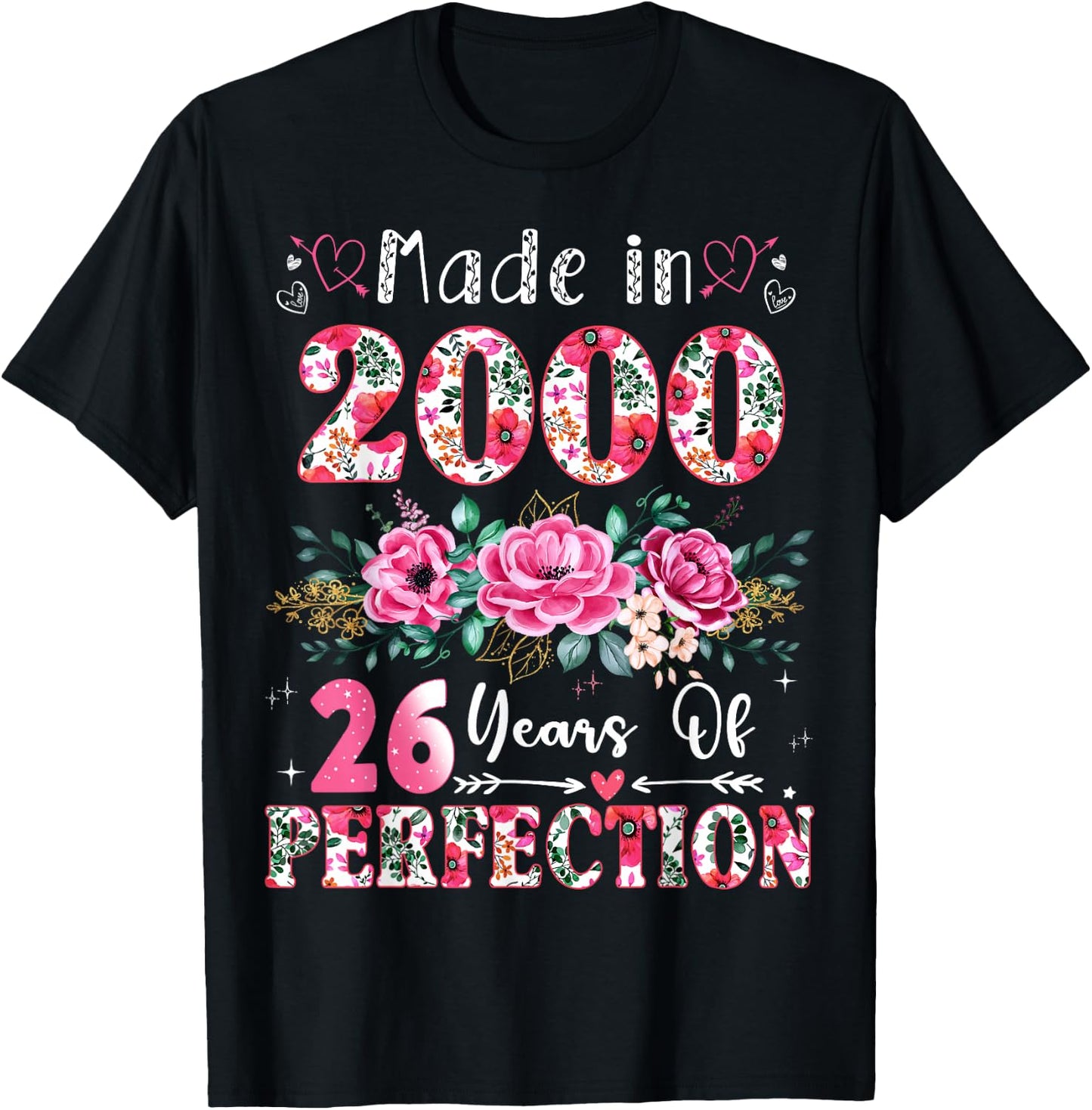 26 Year Old Made in 2000 Floral 26th Birthday Women T-Shirt - T-Shirt | Black