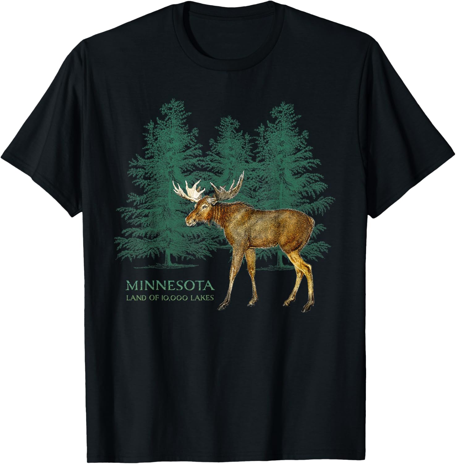 Minnesota Land of 10,000 Lakes Vintage Moose Tree Silhouette T-Shirt - T-Shirt | Black