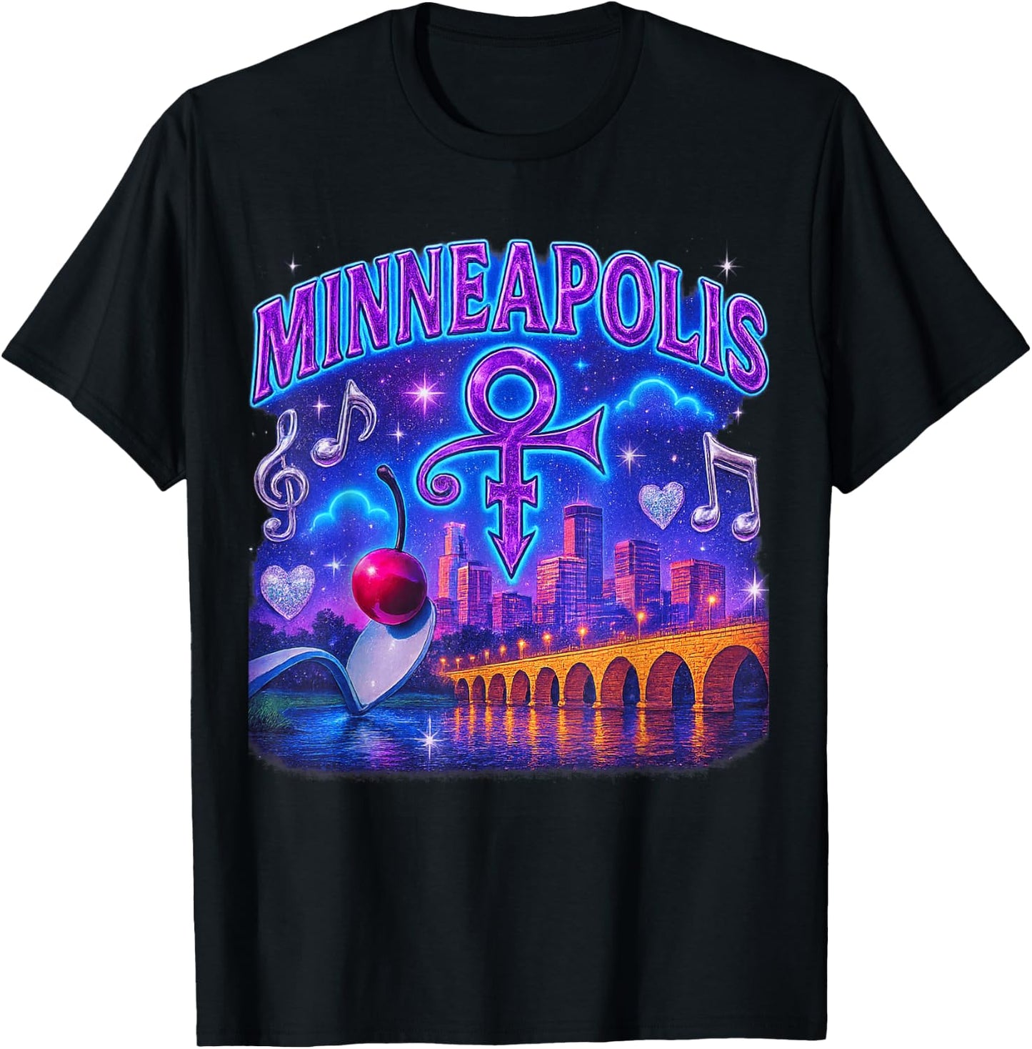 Minneapolis Retro Bootleg Skyline Spoonbridge Artwork T-Shirt - T-Shirt | Black