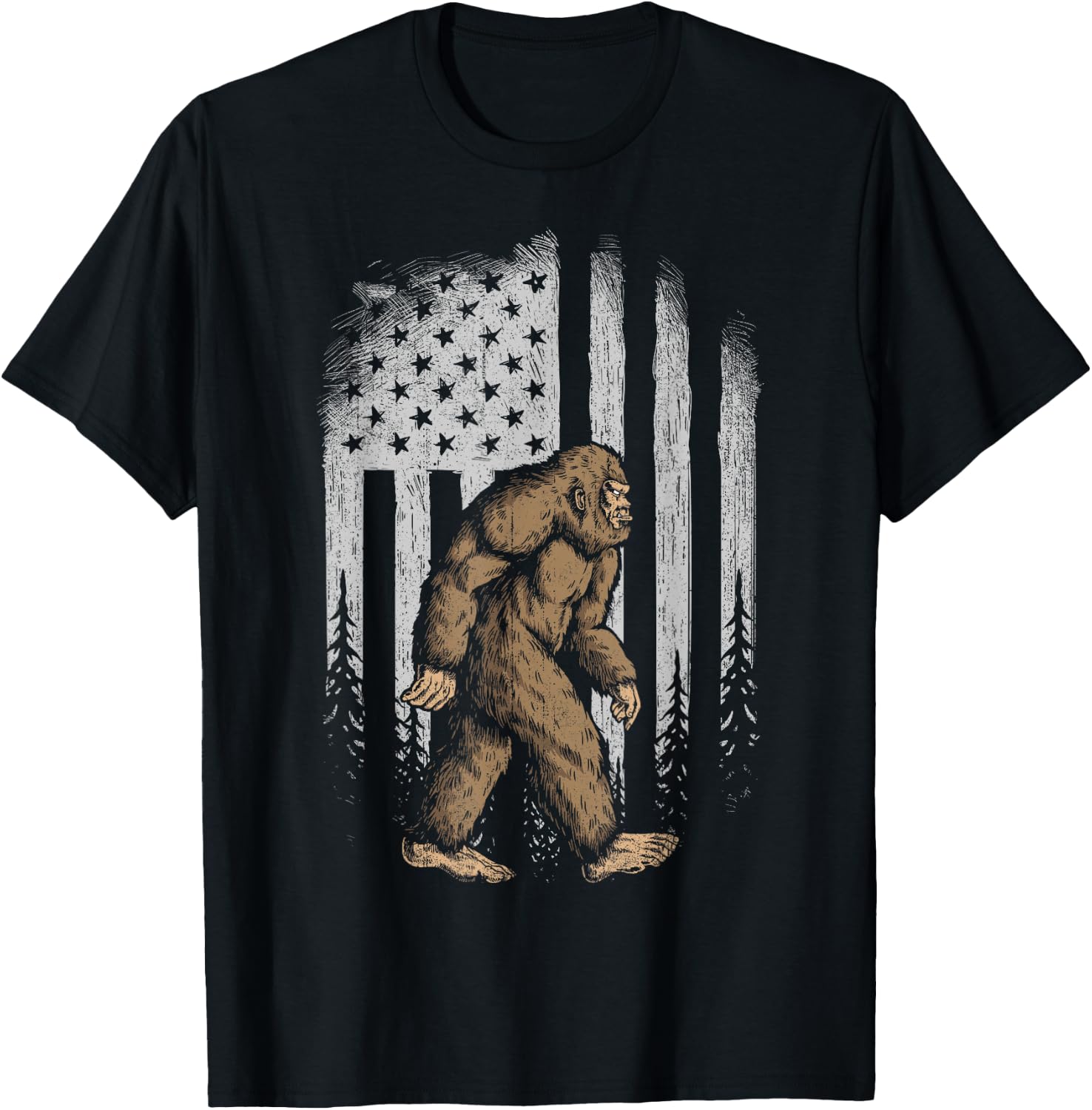 Bigfoot American Flag 4th of July Retro Vintage Sasquatch T-Shirt - T-Shirt | Black