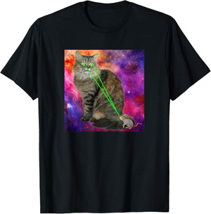 Cute Kitty Cat With Laser Beam Eyes Galaxy Background Men Women T-Shirt - T-Shirt | Black