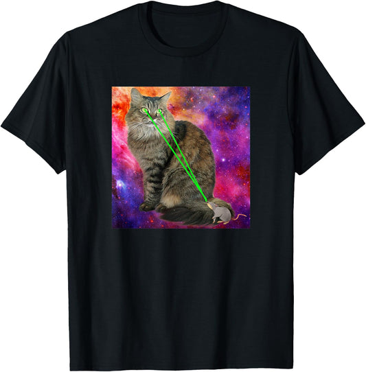 Cute Kitty Cat With Laser Beam Eyes Galaxy Background Men Women T-Shirt - T-Shirt | Black
