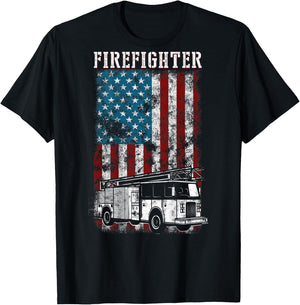 Fireman fire truck Distressed Firefighter American Flag T-Shirt - T-Shirt | Black