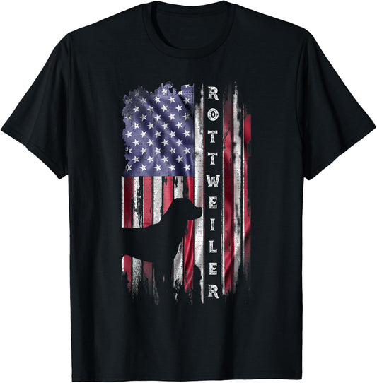 Vintage USA Flag Rottweiler Dog Rottie Lover Silhouette T-Shirt - T-Shirt | Black