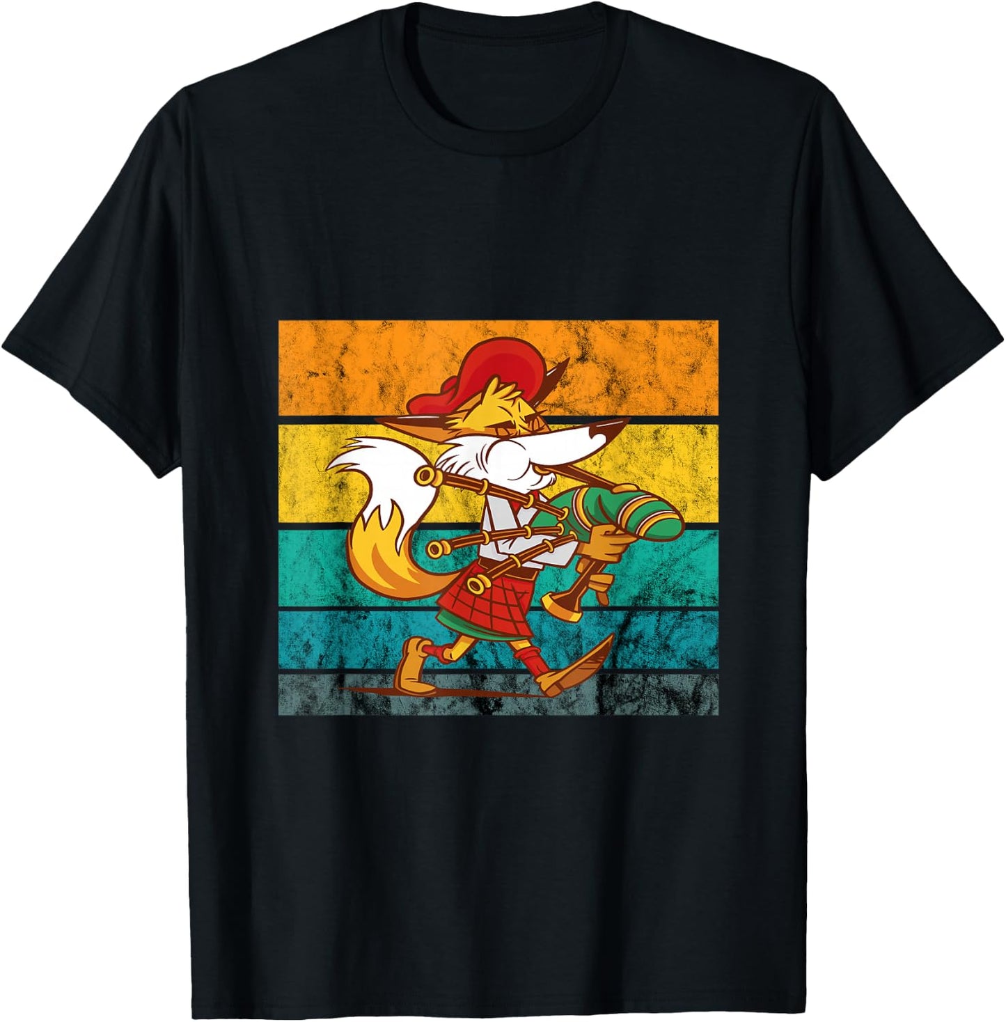 Bagpipe Retro Vintage Irish Fox Scottish Bagpipe Music T-Shirt - T-Shirt | Black