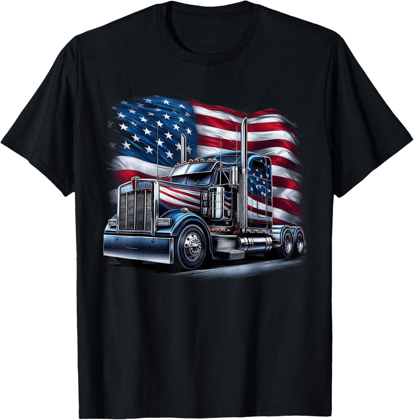 Semi Truck Driver US Trucker USA Flag Patriotic 4th of July T-Shirt - T-Shirt | Black