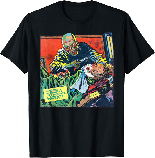 Vintage Barbershop Haircut Shaving Barber Horror Poster T-Shirt - T-Shirt | Black