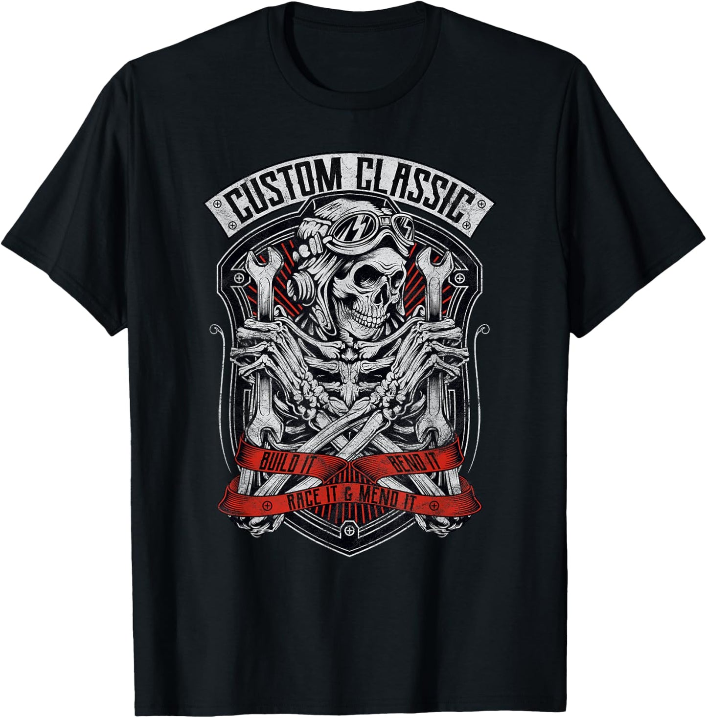 Skeleton Mechanic Design Classic Biker, Speedway, Hot Rod T-Shirt - T-Shirt | Black