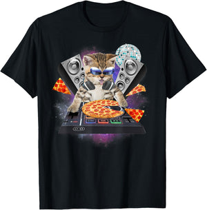 Funny Galaxy DJ Pizza Cat Gift | Space Pizza Kitty Women Kids T-Shirt - T-Shirt | Black