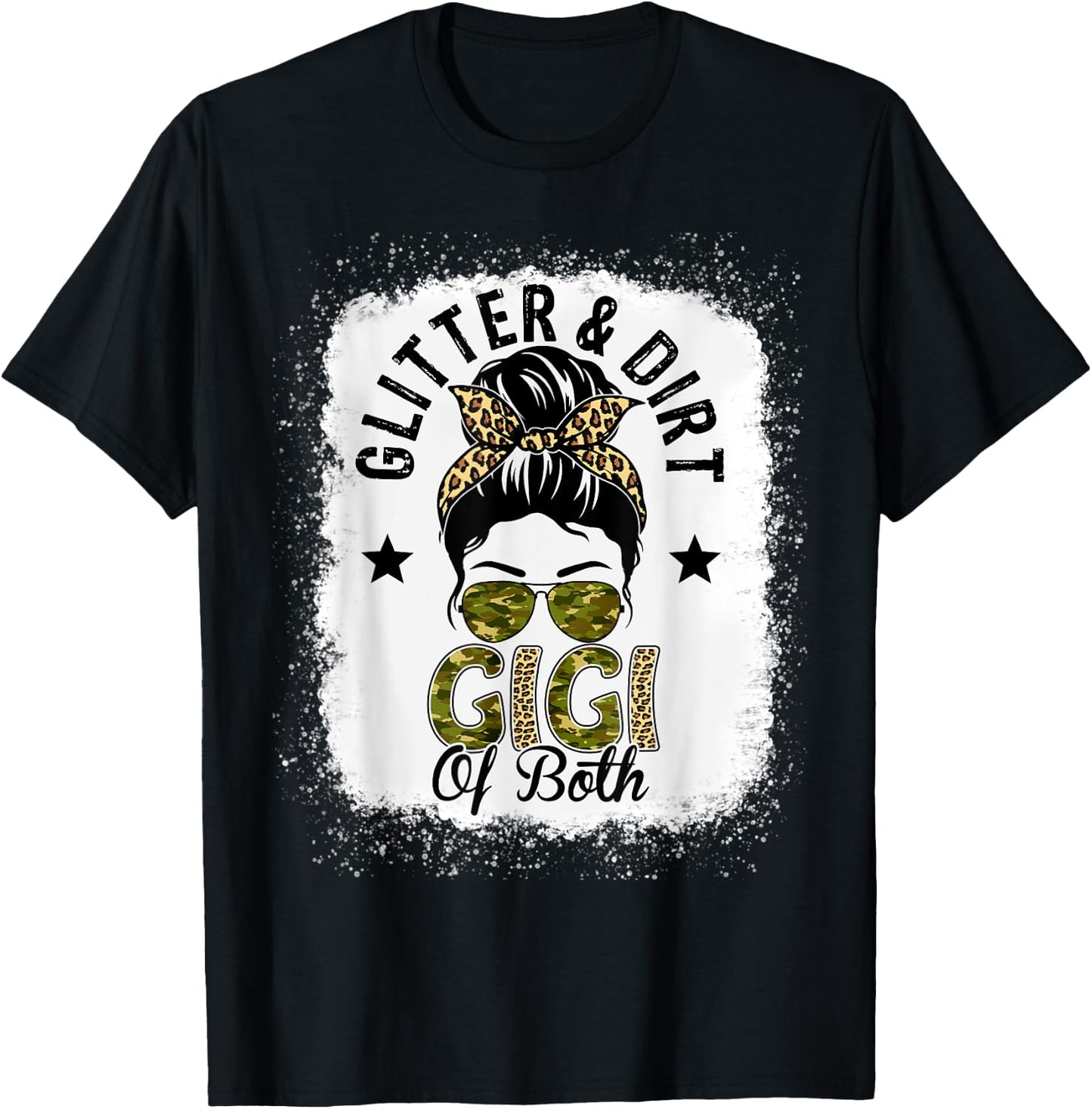 Gigi Of Both Messy Bun Leopard Camo Bleached Mother's Day T-Shirt - T-Shirt | Black