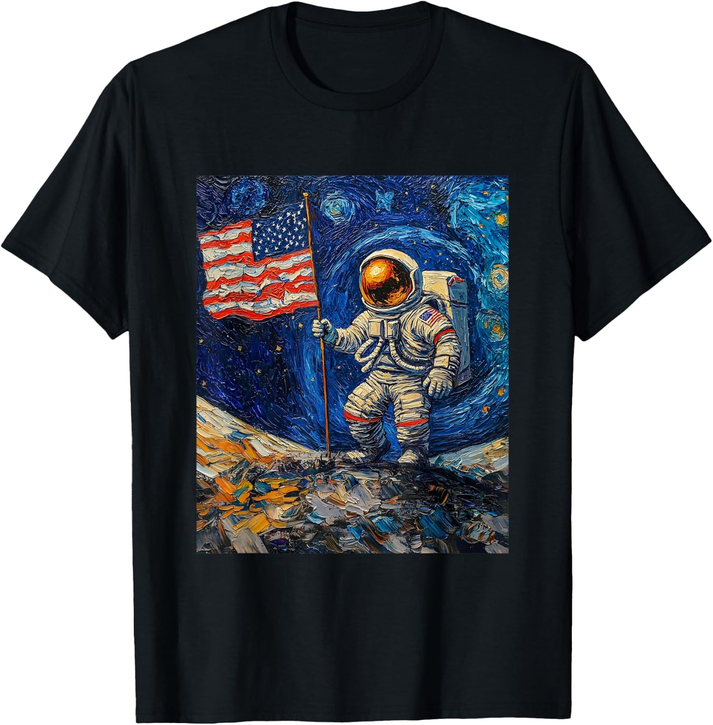 Astronaut on Moon Van Gogh Style Starry Night Graphic T-Shirt - T-Shirt | Black