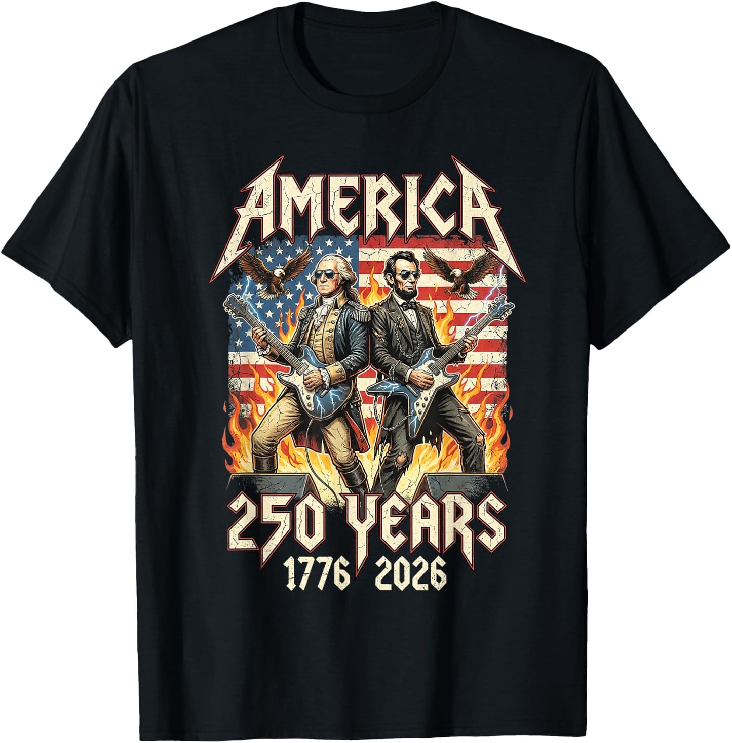 George Washington Abe Lincoln Playing Guitar USA 250 Vintage T-Shirt - T-Shirt | Black