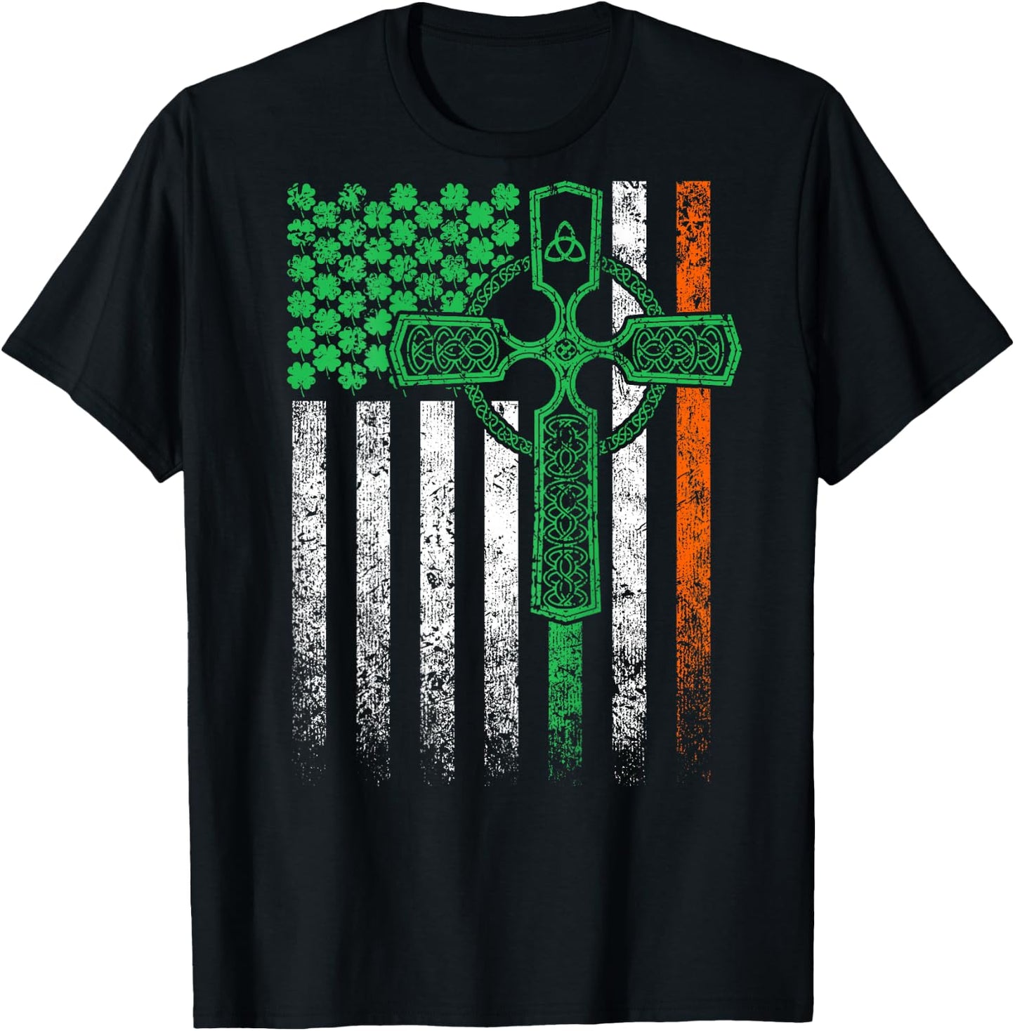 Celtic Cross Irish American Flag St. Patrick's Day on back T-Shirt - T-Shirt | Black