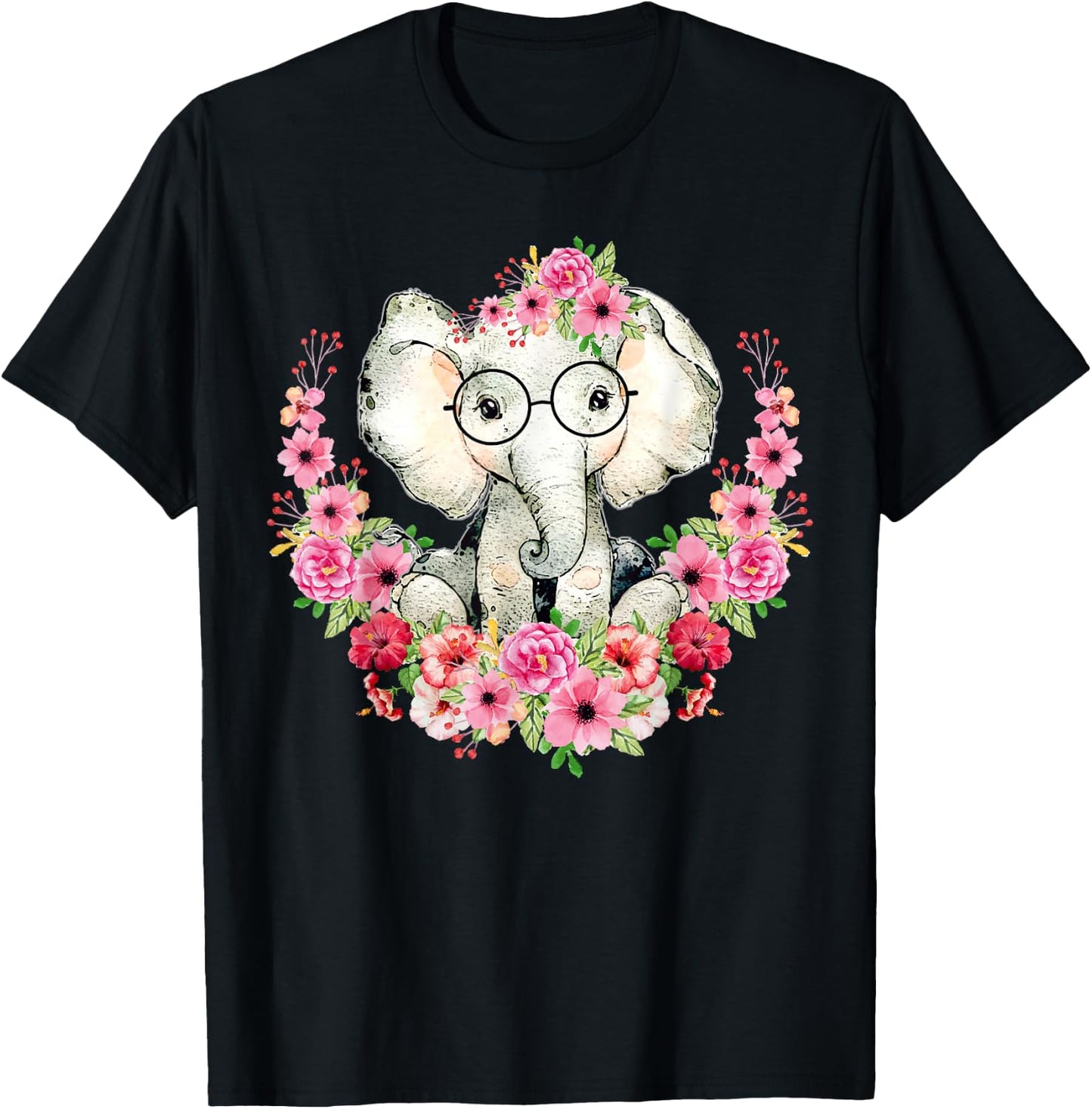 Little Elephant Cute Floral Animal Lovers Kids Girls Boys T-Shirt - T-Shirt | Black