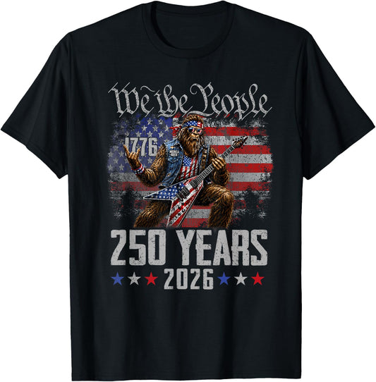 Bigfoot Rock Patriotic 250 Years America 1776 2026 USA Flag T-Shirt - T-Shirt | Black