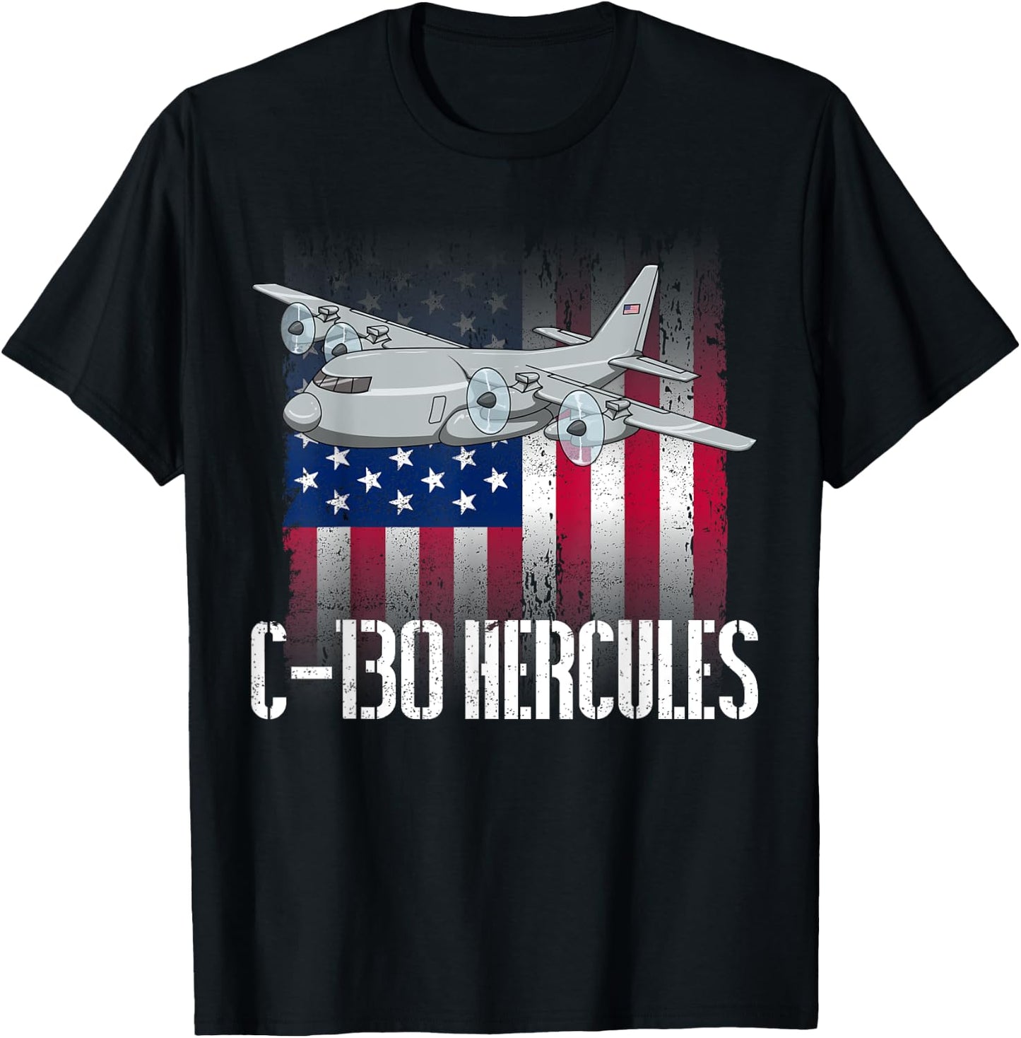 THE SALTY VETERAN C-130 Hercules American Flag Military Airplane - Black, -Adults, Small, Short Sleeve, Modern, Casual, Military, Independence Day, Memorial Day T-Shirt - T-Shirt | Black