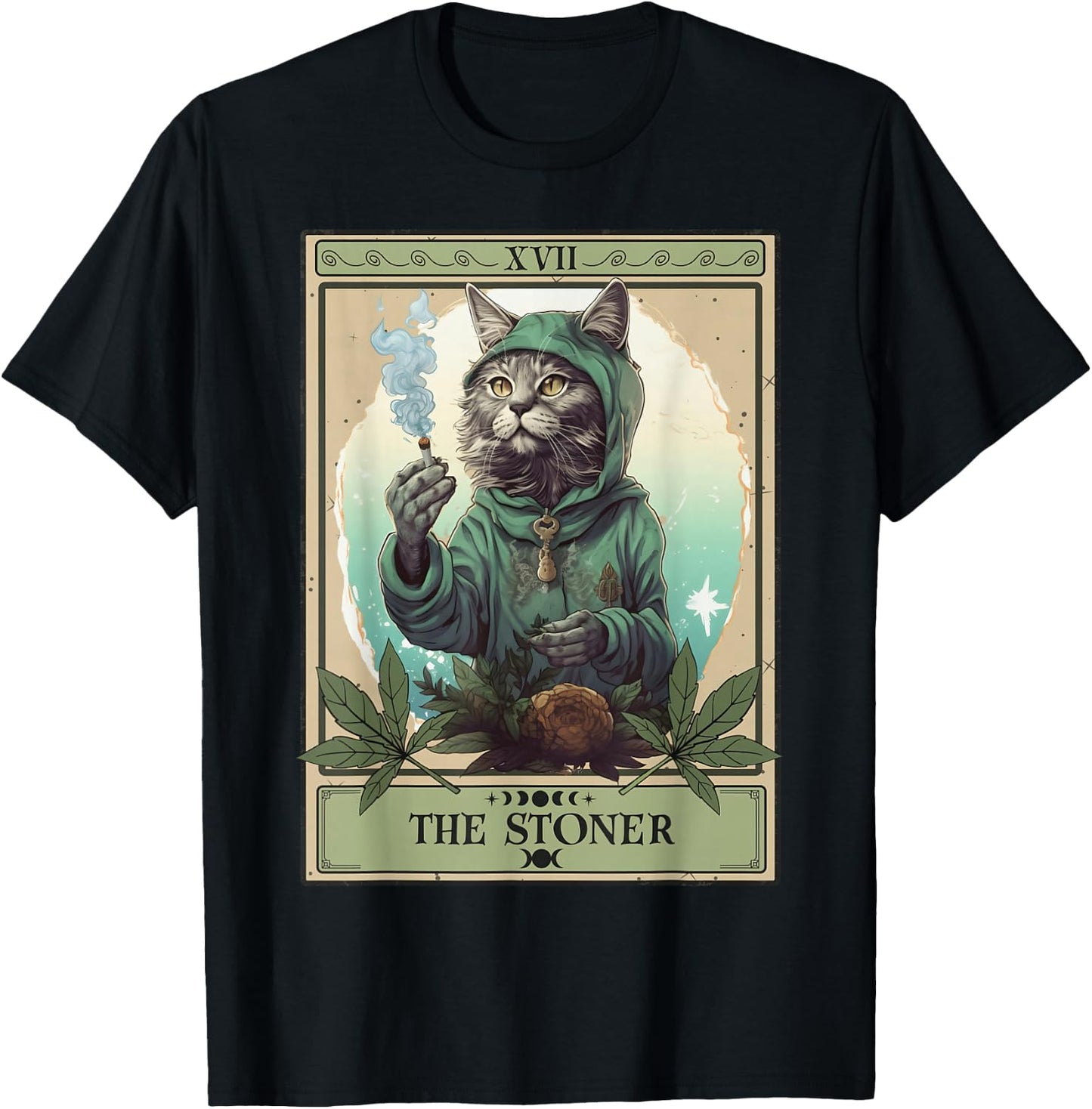 The Stoner Cat Tarot Card | Cannabis Weed Lover Marijuana T-Shirt - T-Shirt | Black