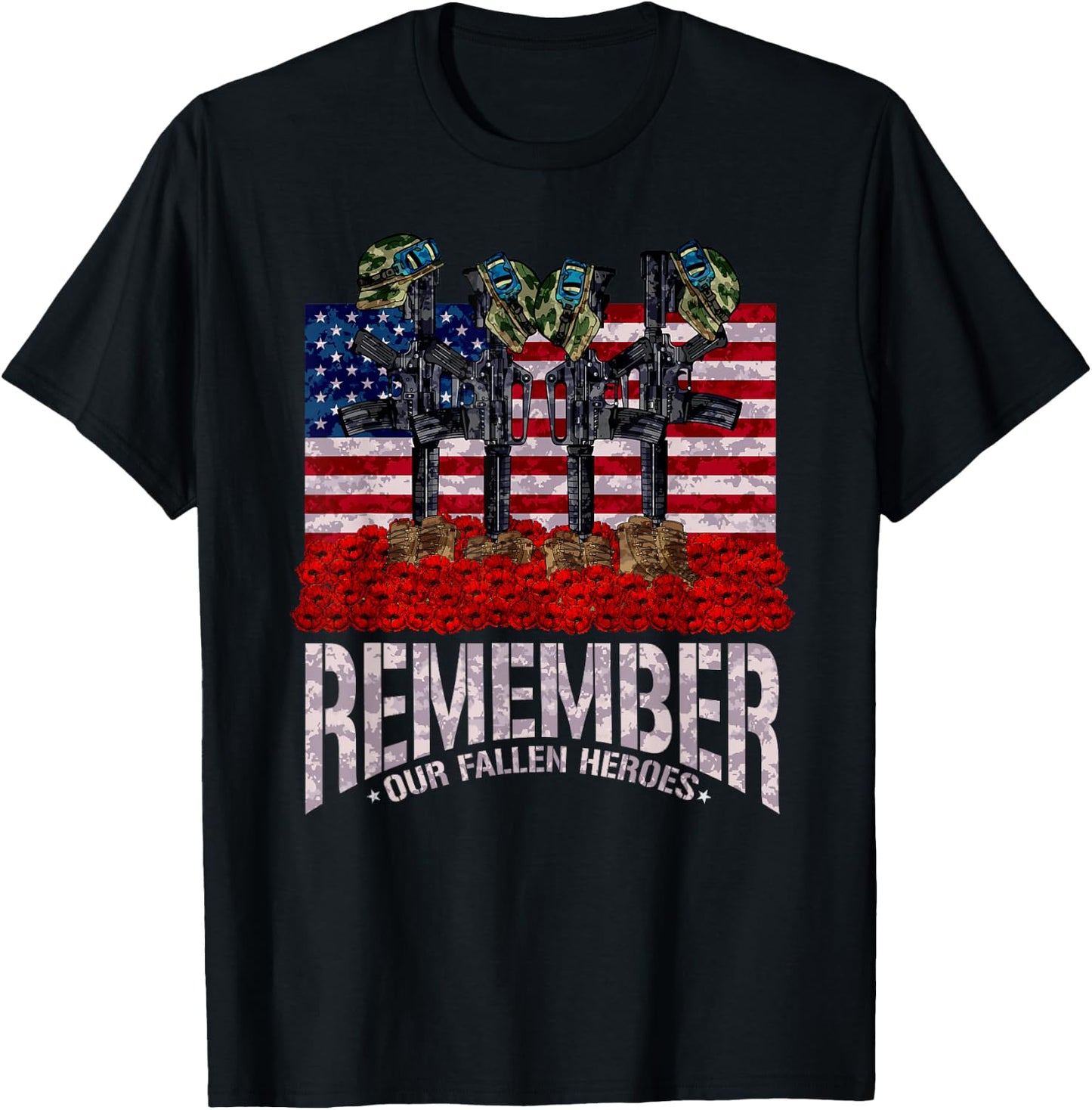 Remember Fallen Heroes Poppy Memorial Day Veteran Soldier T-Shirt - T-Shirt | Black