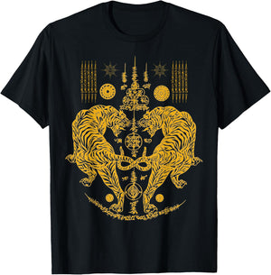 Sawadee Thai Traditional Sak Yant Thai Twin Tigers Muay Thai T-Shirt - T-Shirt | Black