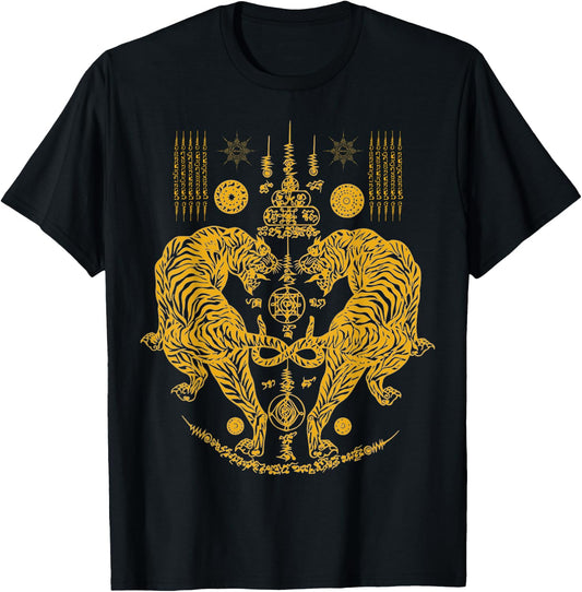 Sawadee Thai Traditional Sak Yant Thai Twin Tigers Muay Thai T-Shirt - T-Shirt | Black