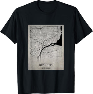 Detroit Michigan Detailed City Road Map USA Vintage T-Shirt - T-Shirt | Black