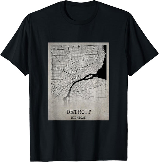 Detroit Michigan Detailed City Road Map USA Vintage T-Shirt - T-Shirt | Black