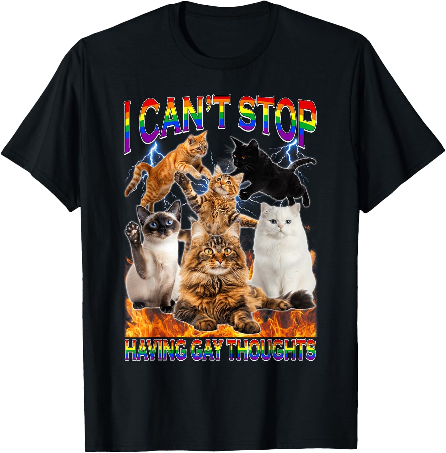 I Can't Stop Having Gay Thoughts Funny Cat LGBTQ Pride Month T-Shirt - T-Shirt | Black