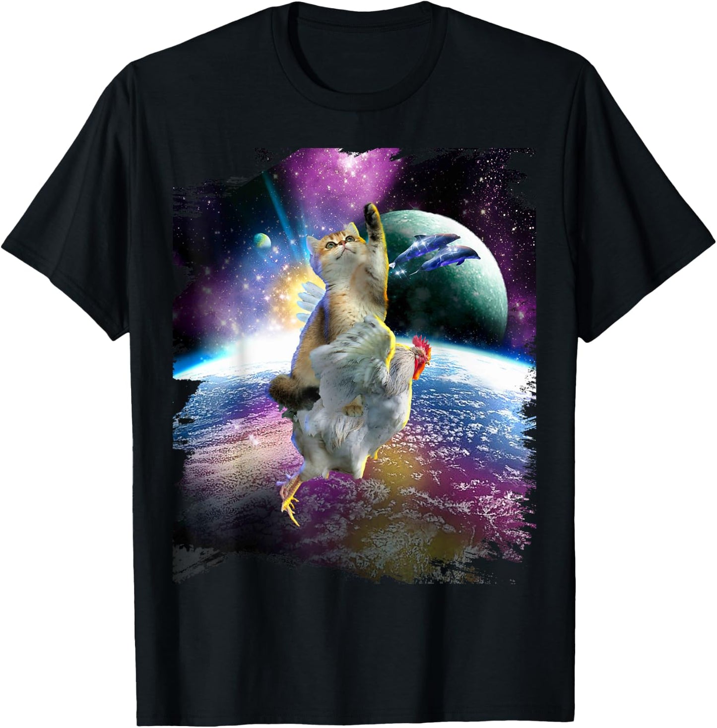 Cat Riding Chicken Space Galaxy Earth T-Shirt - T-Shirt | Black