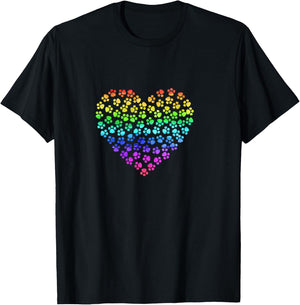 Rainbow Pawprint Heart - Pet Lover Gift T-Shirt - T-Shirt | Black
