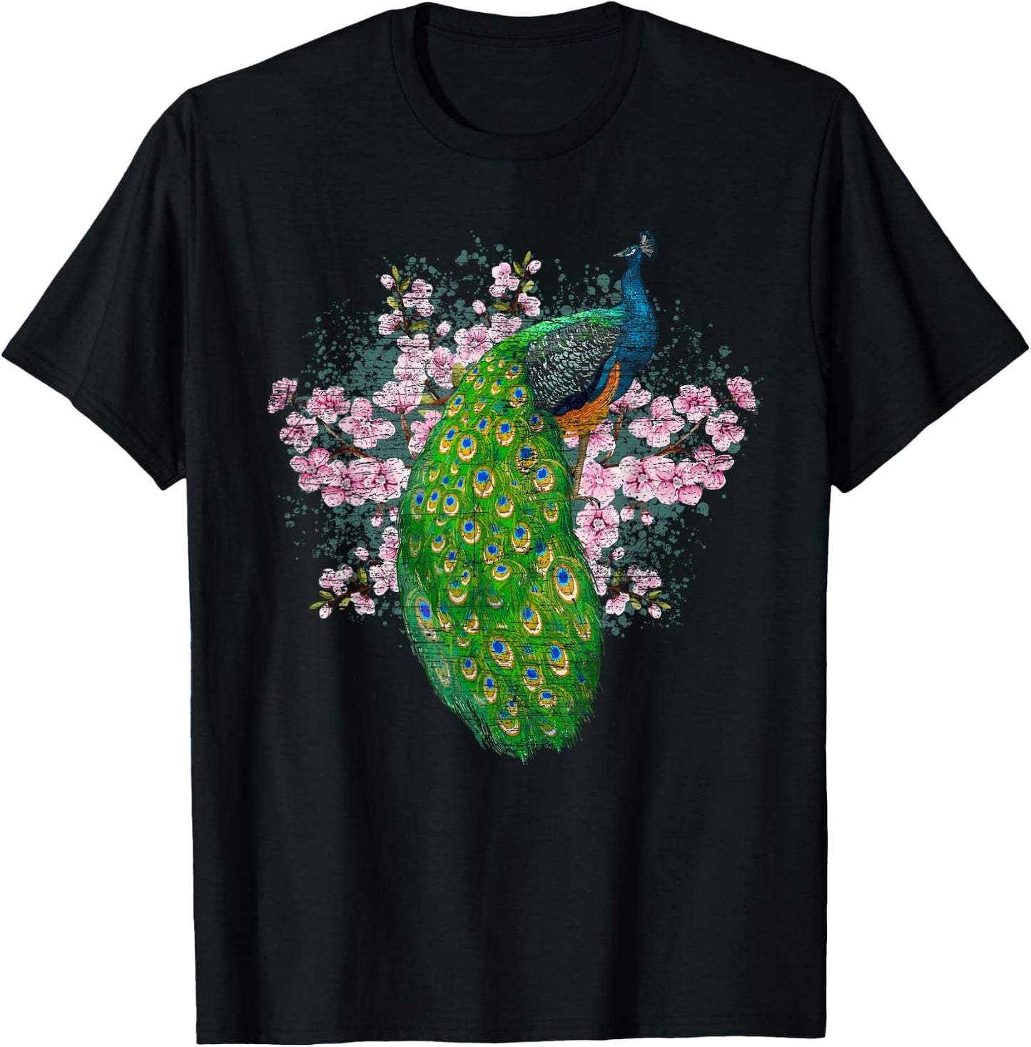 India Bird Sakura Decorative Animal Cherry Blossom Peacock T-Shirt - T-Shirt | Black
