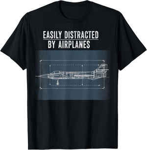 Easily Distracted By Airplanes Funny Pilot for Plane Lover T-Shirt - T-Shirt | Black