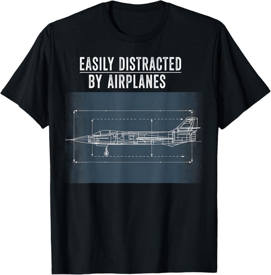 Easily Distracted By Airplanes Funny Pilot for Plane Lover T-Shirt - T-Shirt | Black