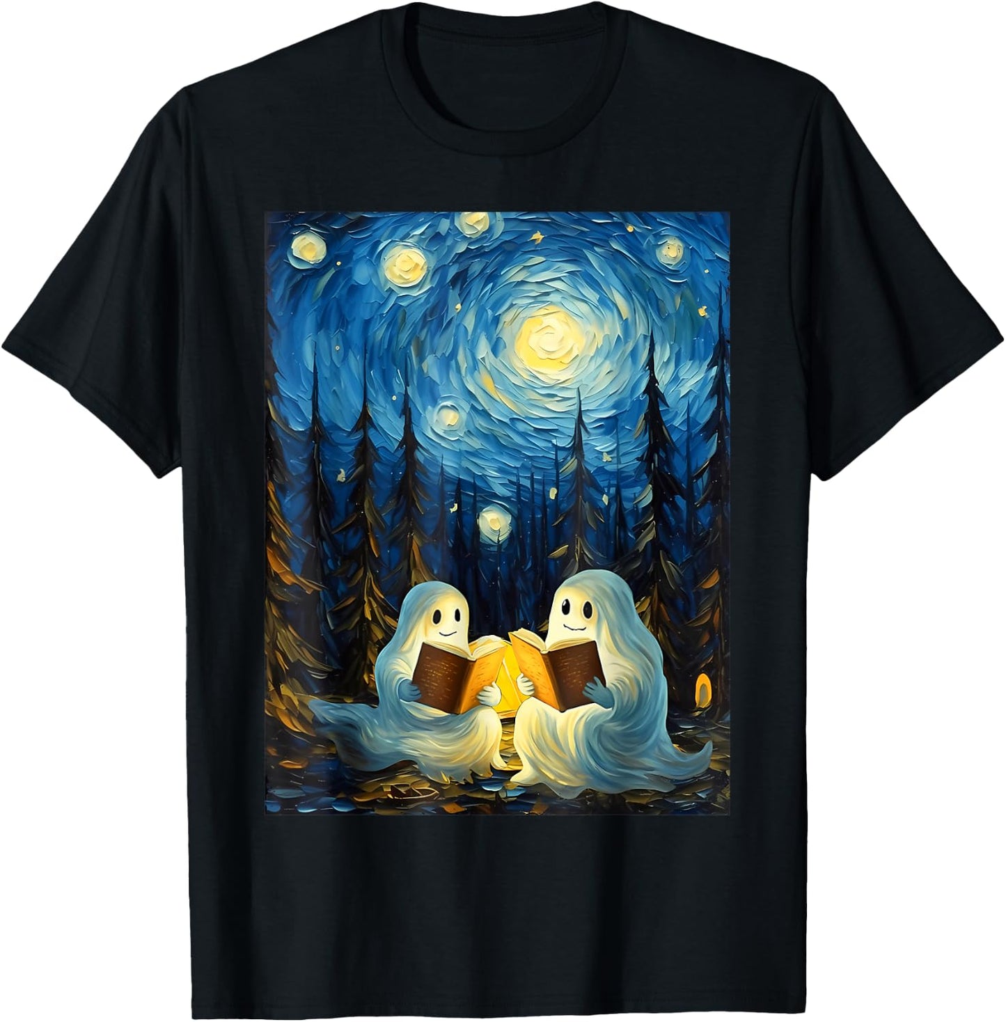 Van Gogh Starry Night Ghost Book Reading Camping Halloween T-Shirt - T-Shirt | Black