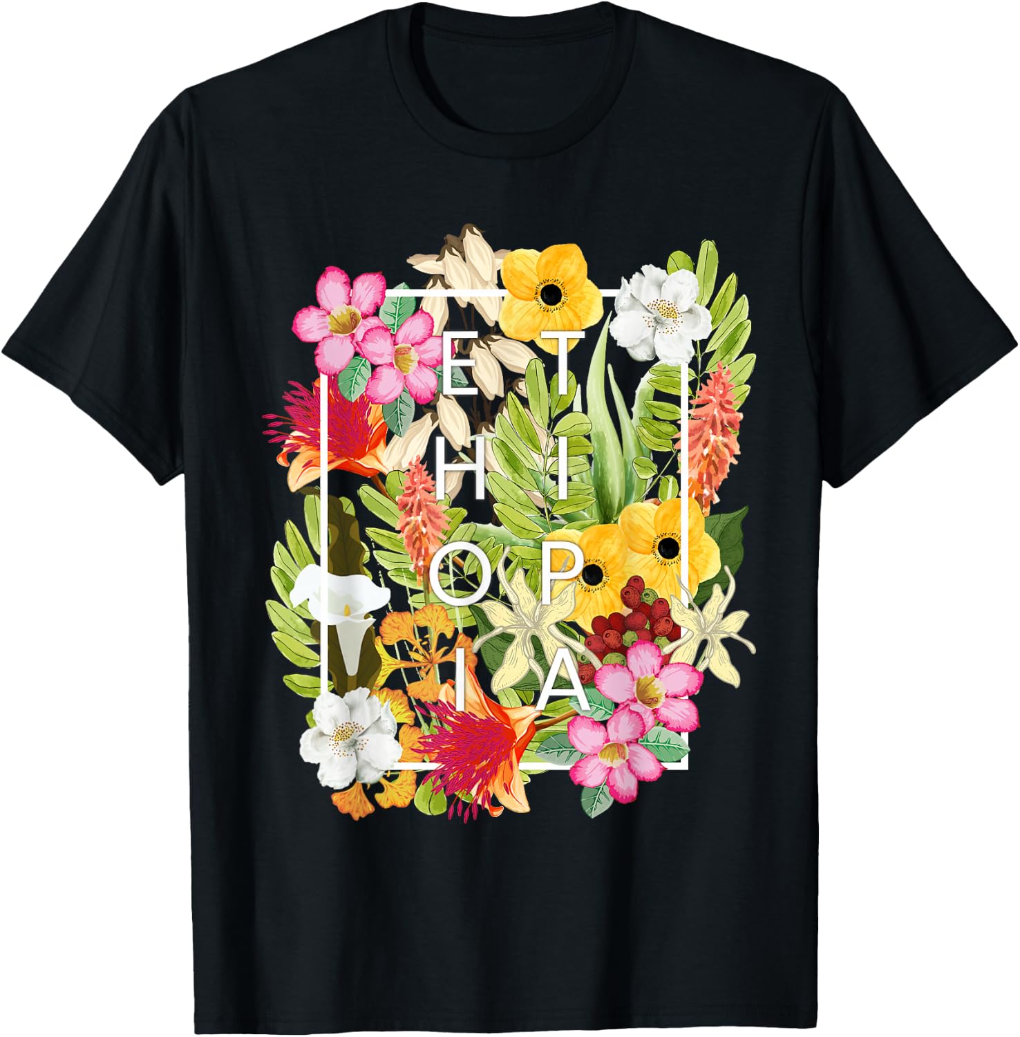 Flowers of Ethiopia Word Art - Ethiopian Pride T-Shirt - T-Shirt | Black
