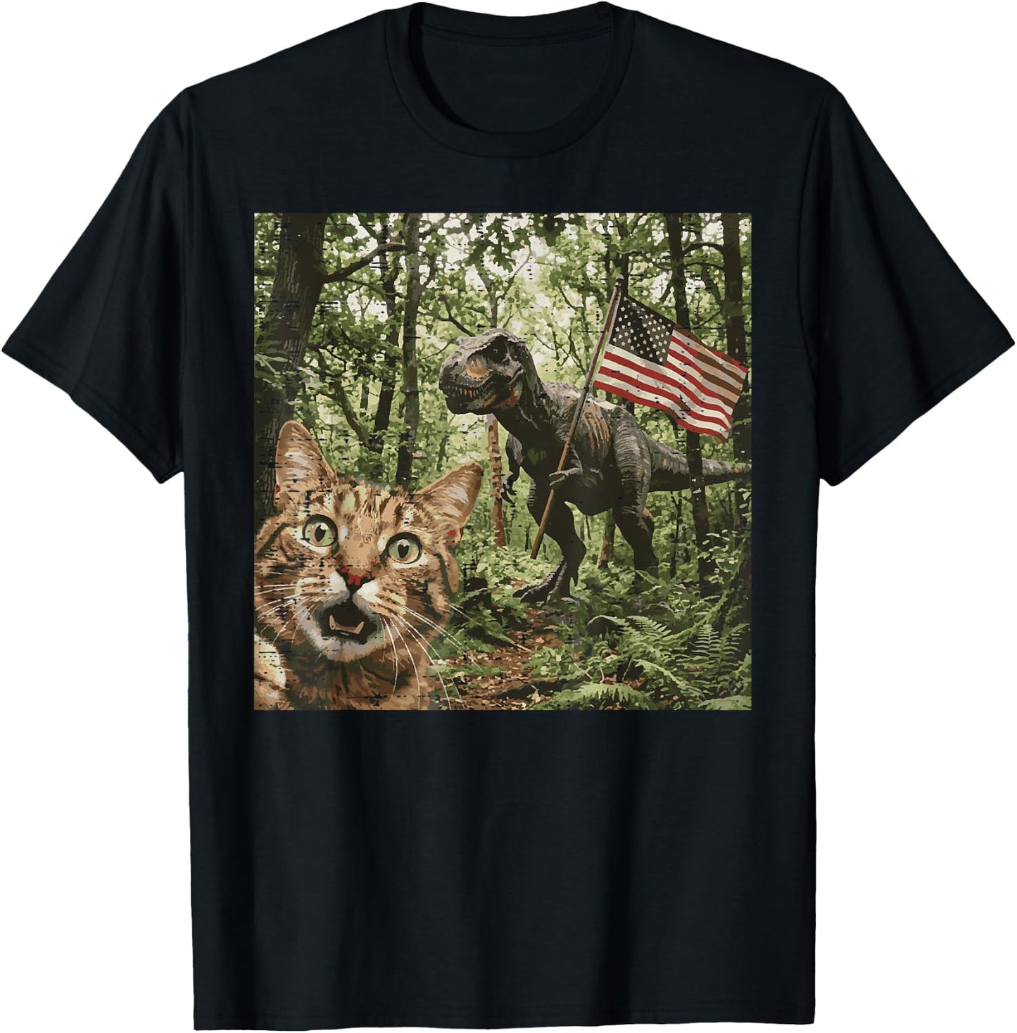 Cat Dino Trex Selfie US Flag Funny 4th of July Men Women Kid T-Shirt - T-Shirt | Black