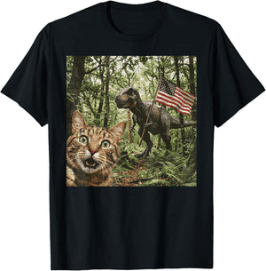 Cat Dino Trex Selfie US Flag Funny 4th of July Men Women Kid T-Shirt - T-Shirt | Black