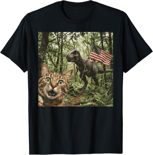 Cat Dino Trex Selfie US Flag Funny 4th of July Men Women Kid T-Shirt - T-Shirt | Black
