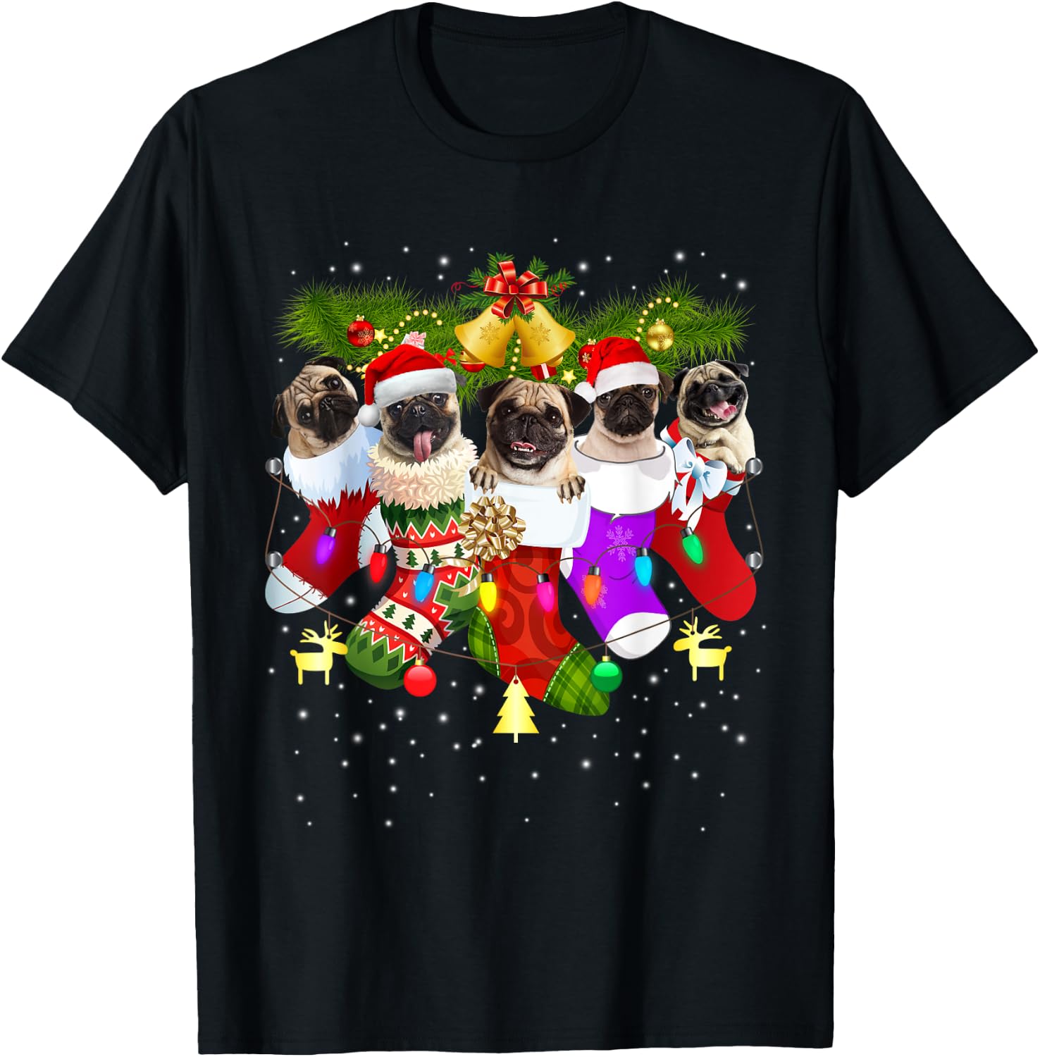 Santa Pugs in Christmas Socks Funny Xmas Dog Lover Pug Mom T-Shirt - T-Shirt | Black