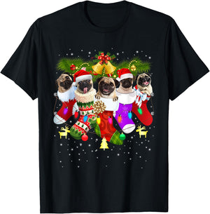 Santa Pugs in Christmas Socks Funny Xmas Dog Lover Pug Mom T-Shirt - T-Shirt | Black