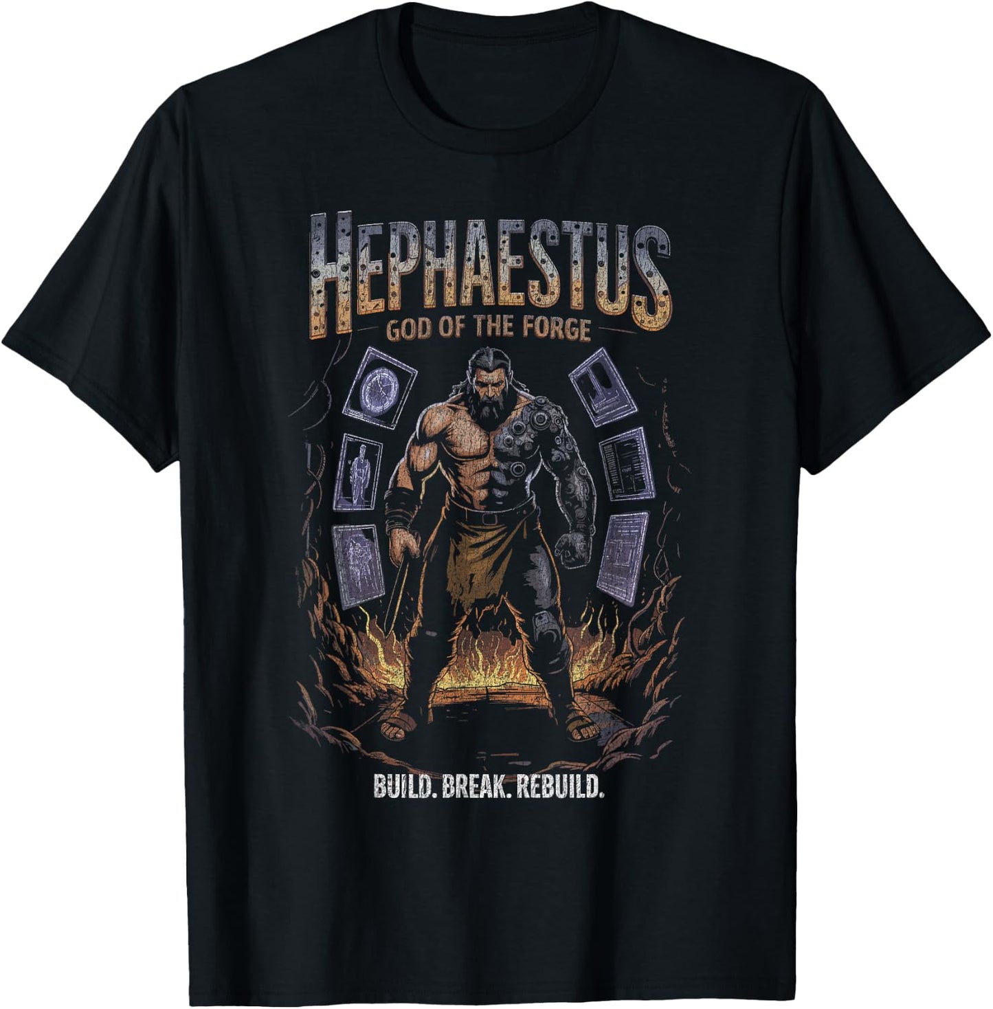 Hephaestus Cyber Arm God of the Forge Build Power Flames T-Shirt - T-Shirt | Black