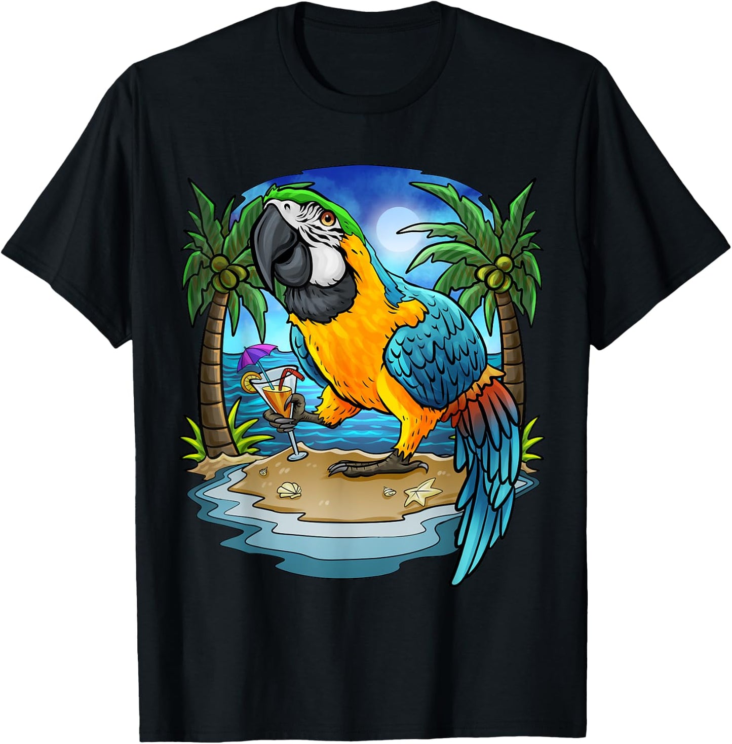 Blue and Gold Macaw Parrot Drinking Margaritas Vacation Bird T-Shirt - T-Shirt | Black