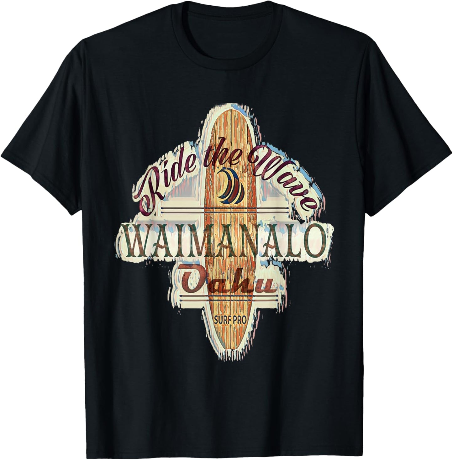 Surfing, Surfboard, Distressed Longboard Waimanalo Oahu T-Shirt - T-Shirt | Black